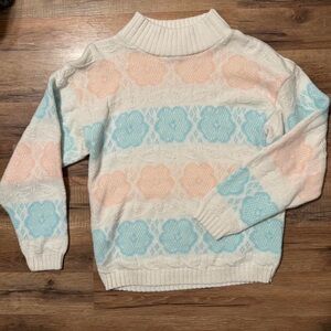 Women's Cream Knit Sweater with Pastel Blue & Peach Pattern